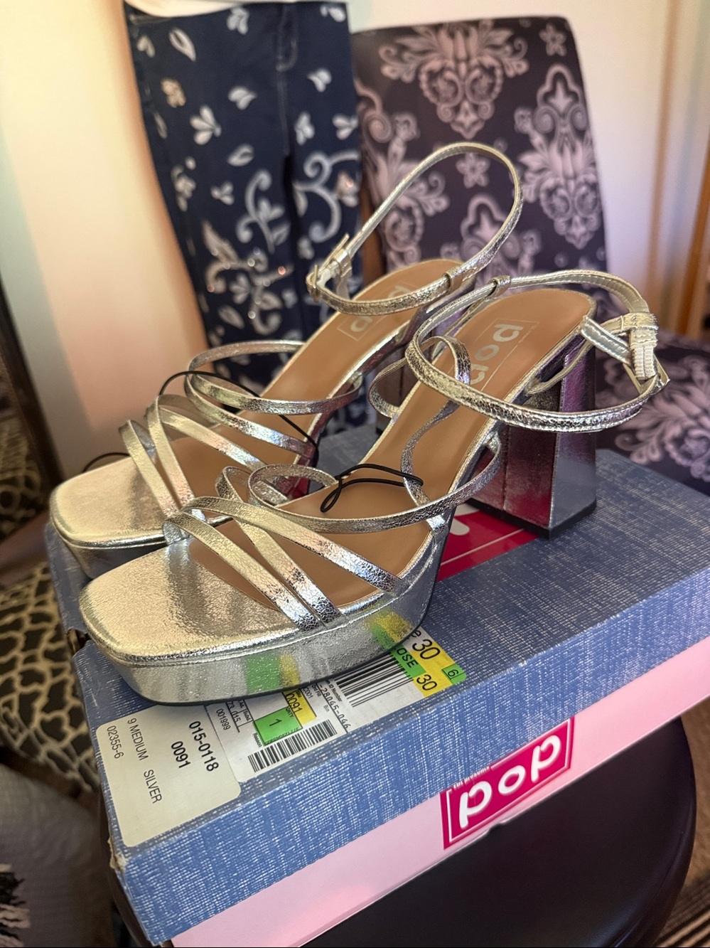 pop Silver Strappy Block Heel Sandals